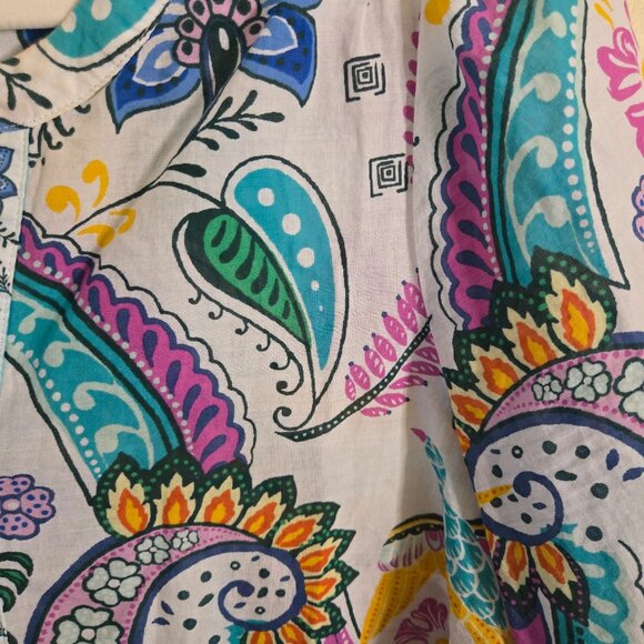 Talbots Birds And Palms Popover Blouse Tropical Vacation Sustainable Size L - Picture 6 of 9